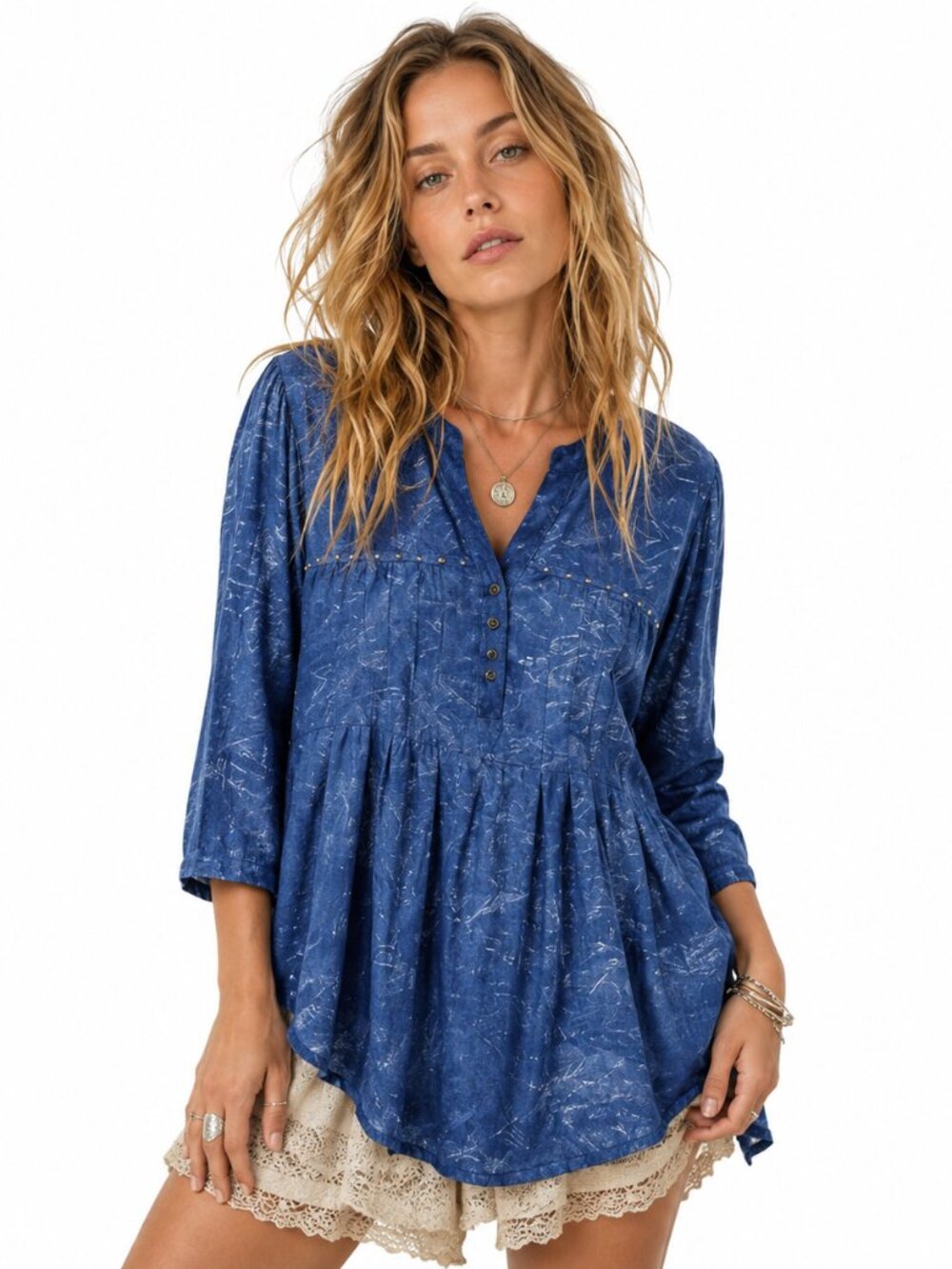 Shannon Ford NY‎ Tunic Top Womens M Blue Studded Pintuck Babydoll Boho Peasant